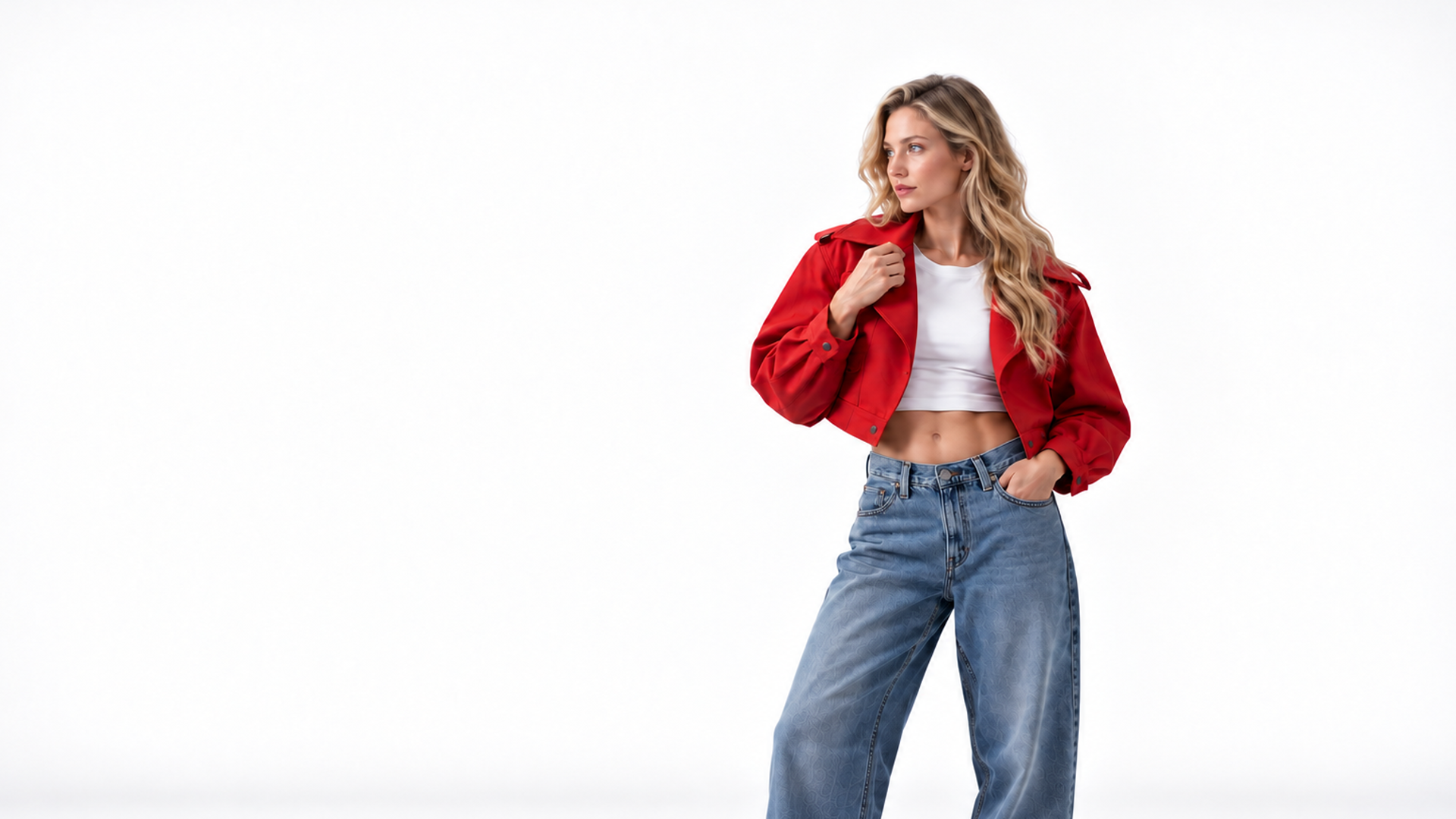 Fashion model in a red jacket against a white background