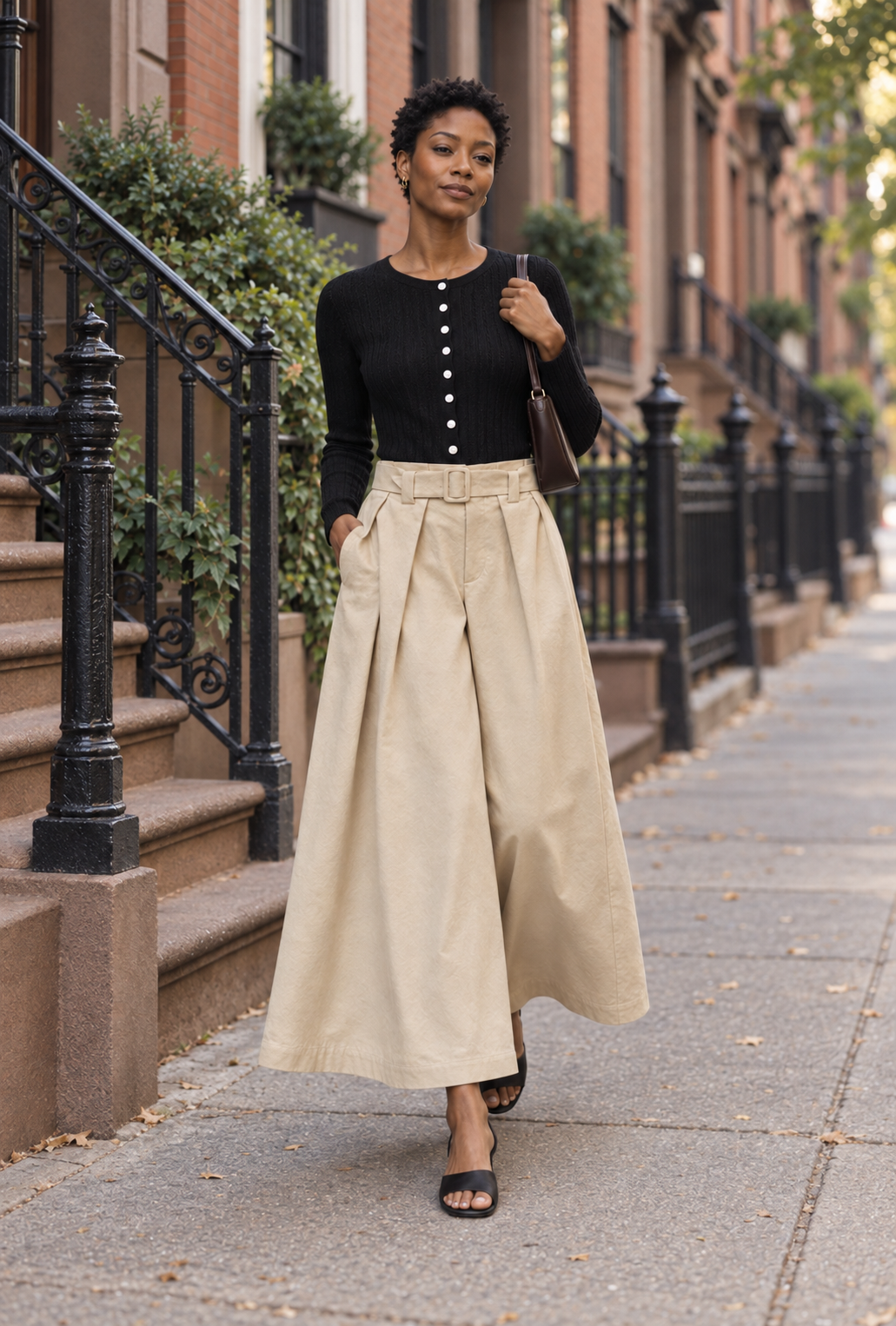 Editorial model in khaki trousers