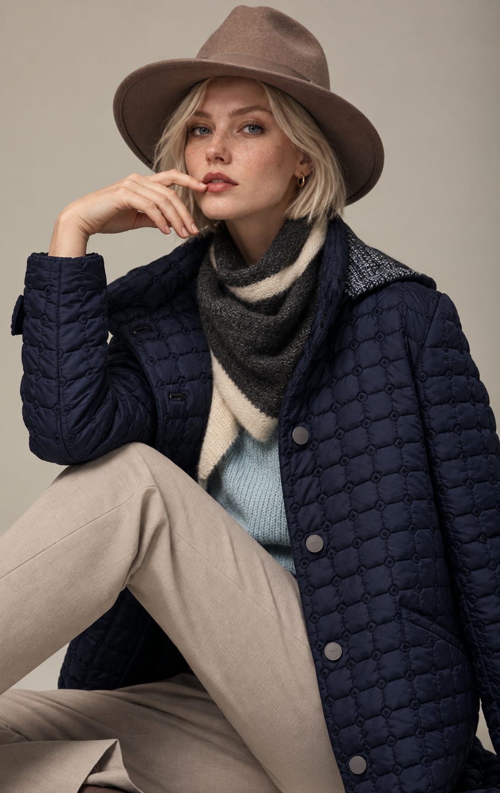 Model in a navy quilted jacket and wide-brim hat
