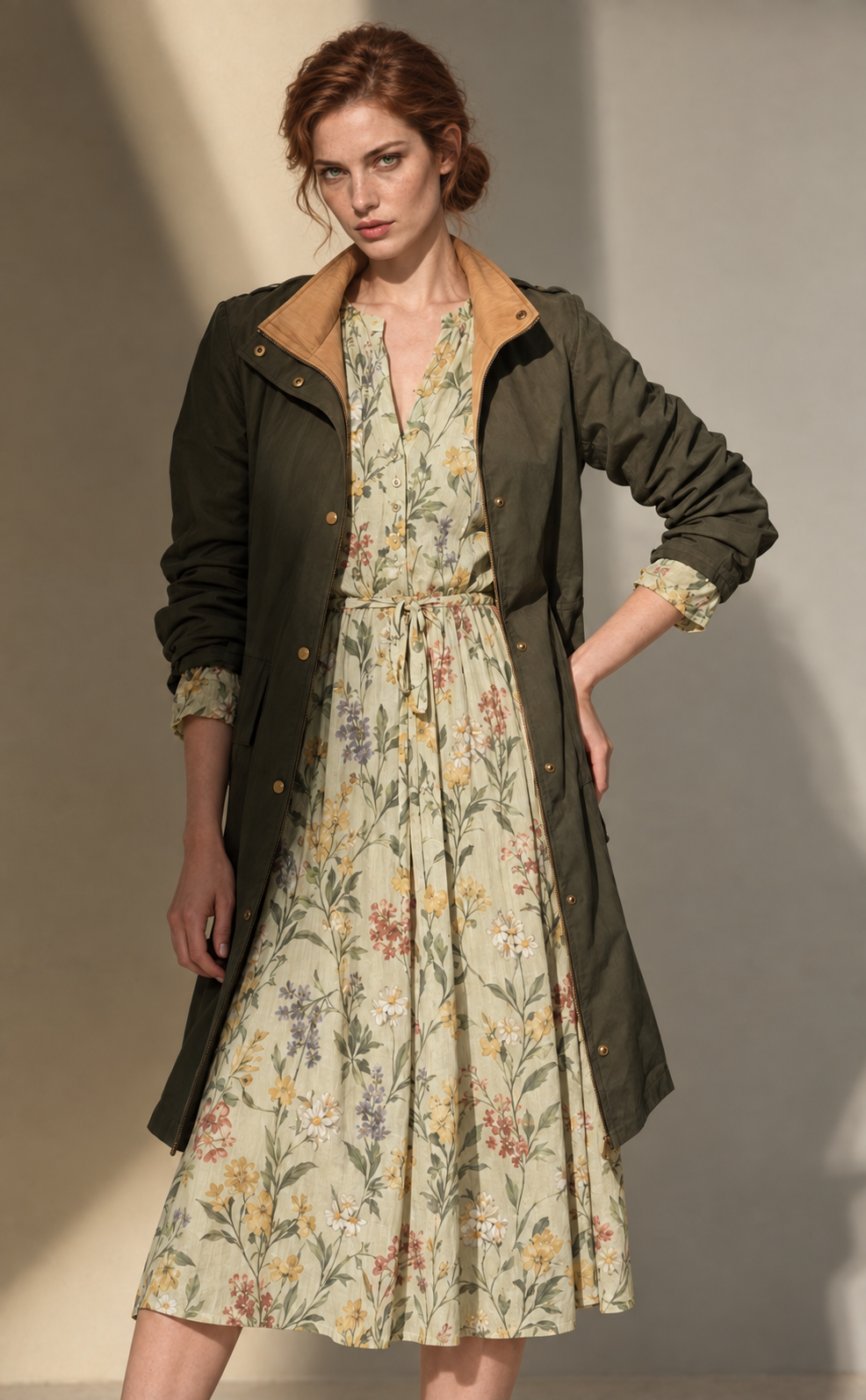 Model in an olive coat over a floral dress
