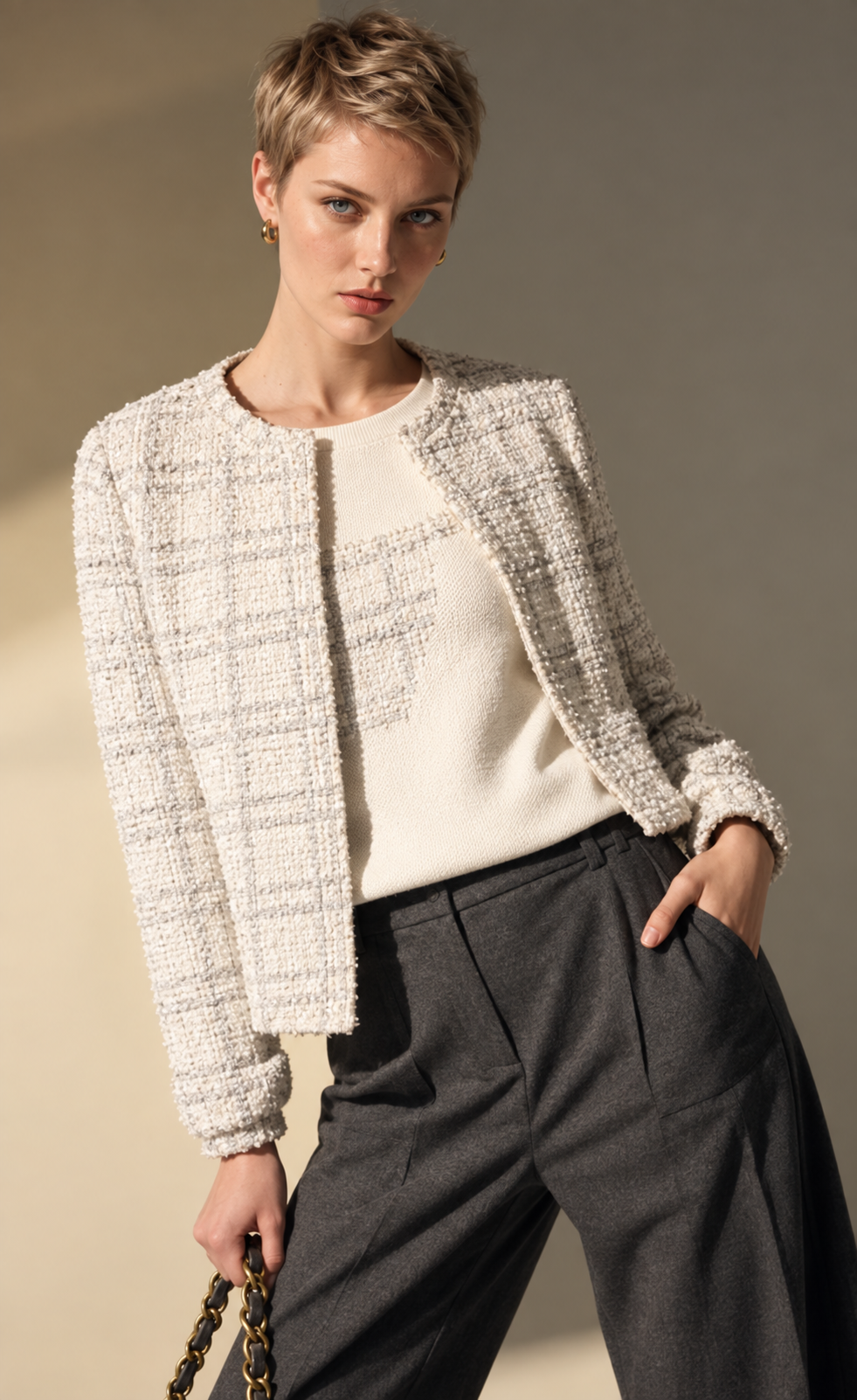 Model in a pale tweed jacket and tailored charcoal trousers