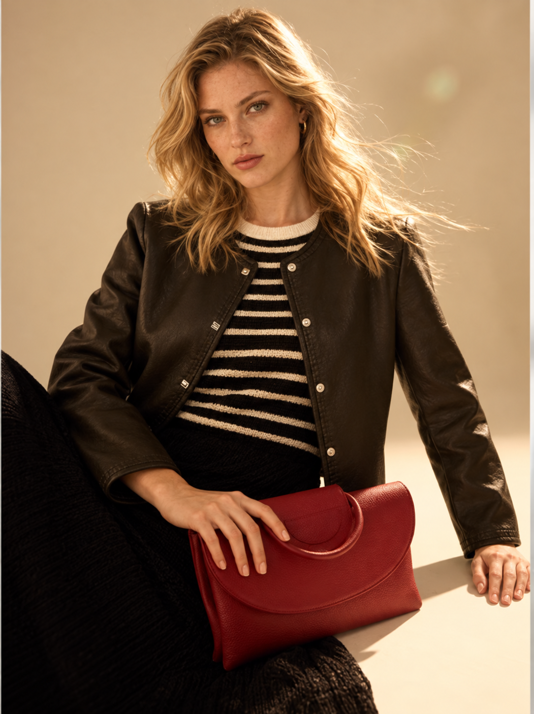Model in a black jacket and striped top holding a burgundy handbag