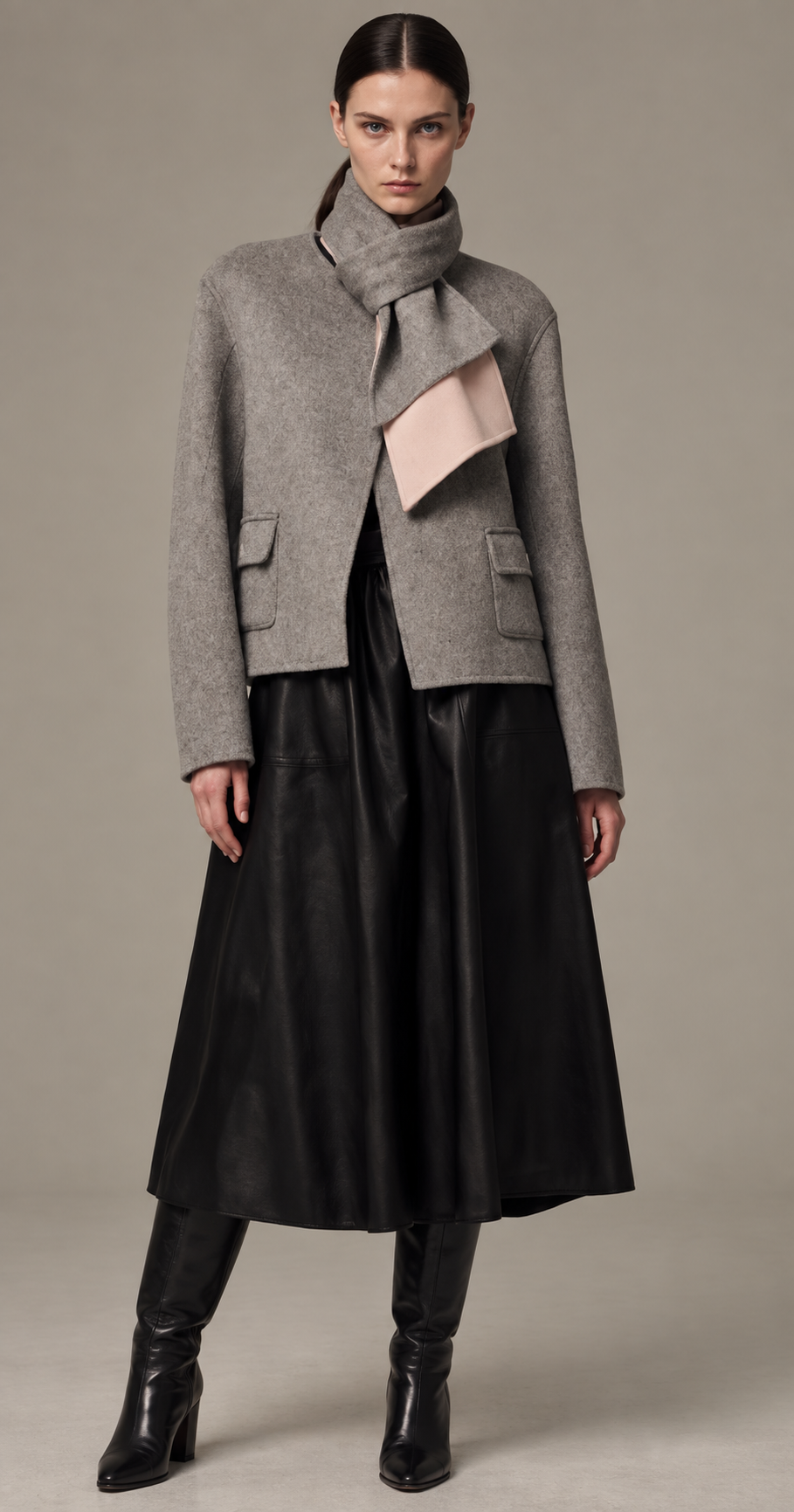 Full-length model in a grey wool jacket and black midi skirt