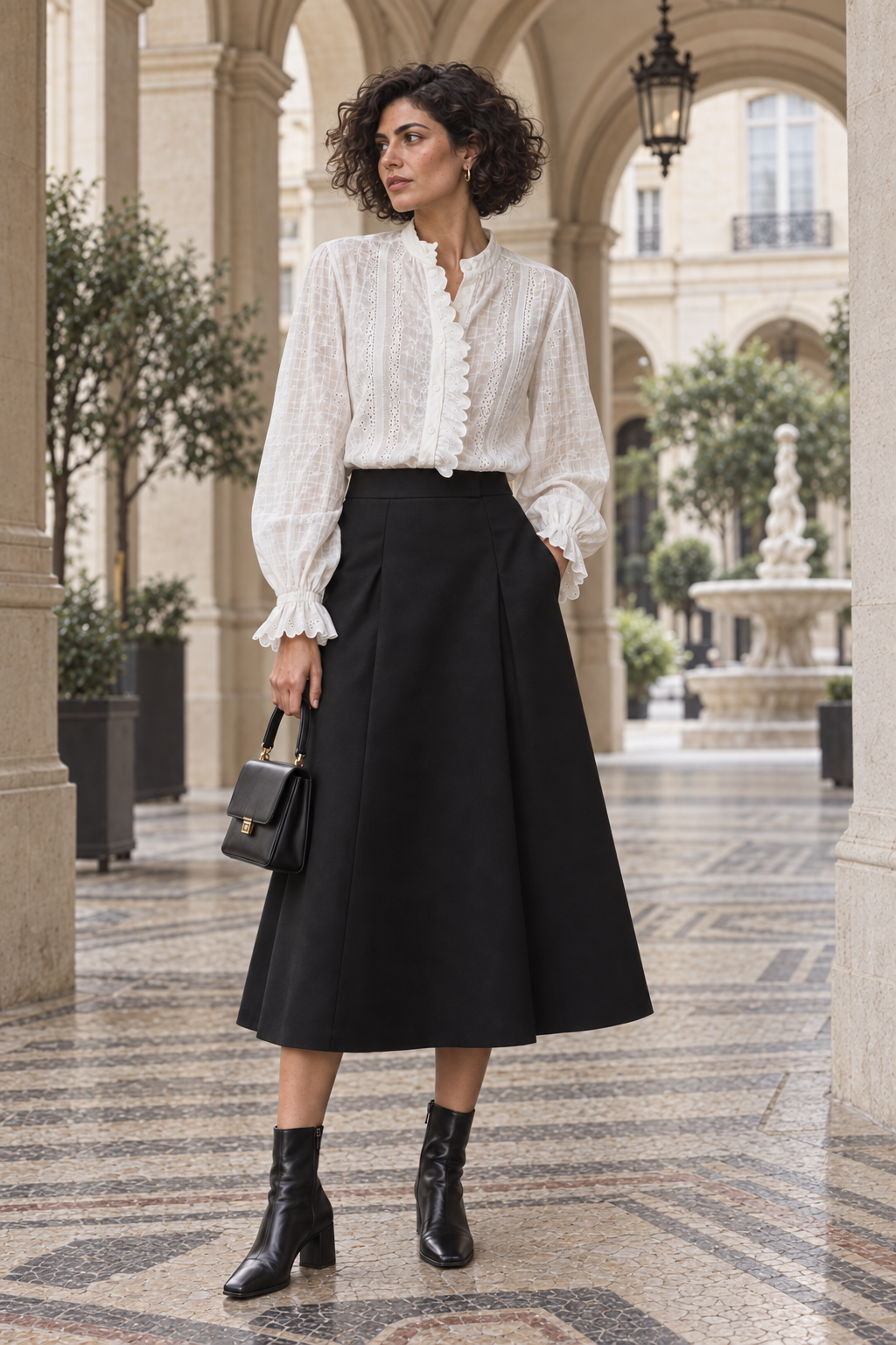Editorial model in an ivory blouse